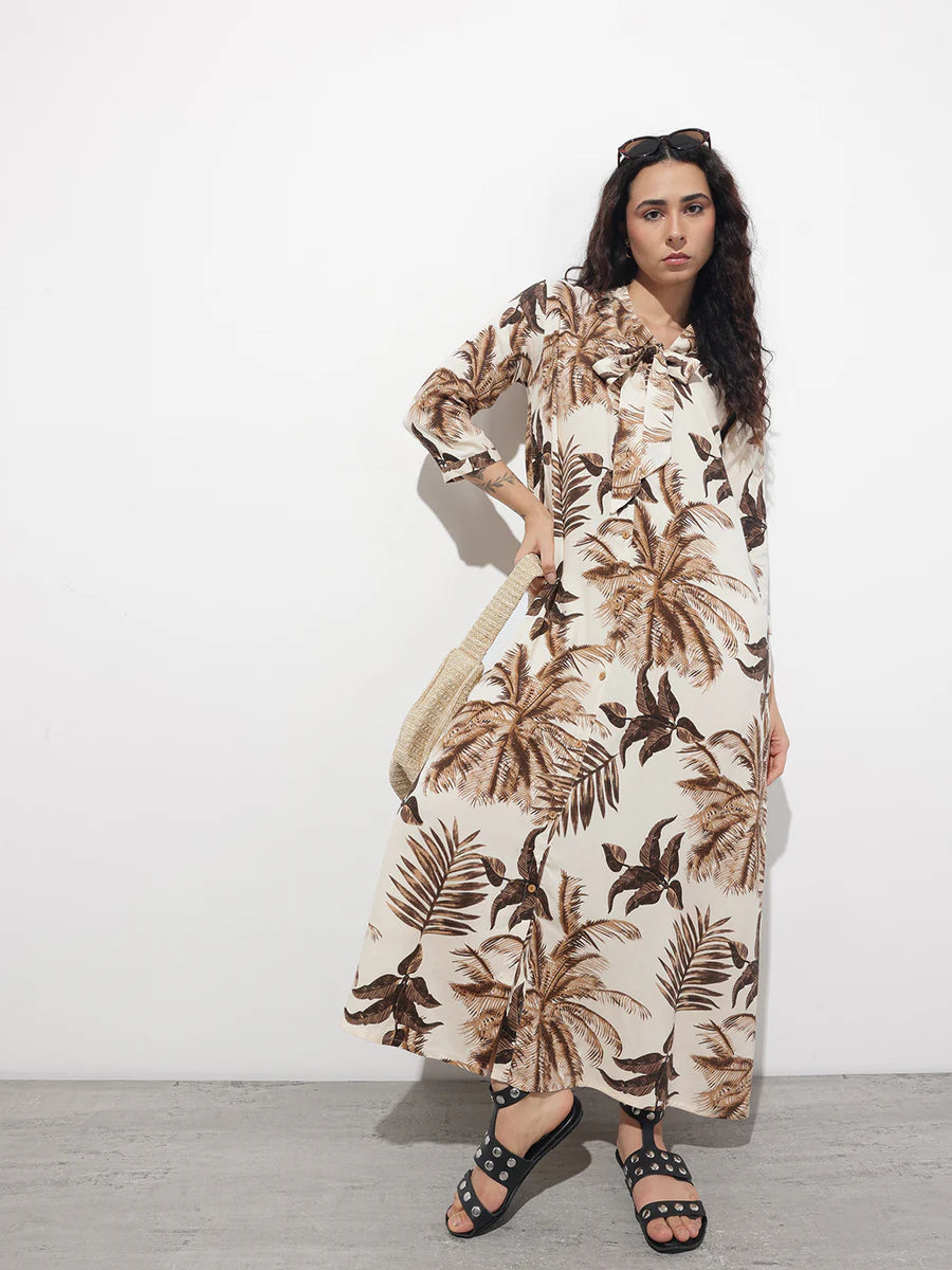 Noe Velarro Cream Tie up Neck Rayon Maxi Dress