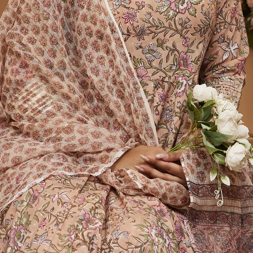 Noe Velarro Handblock Floral Printed Beige Anarkali Cotton Kurta With Trousers & Dupatta