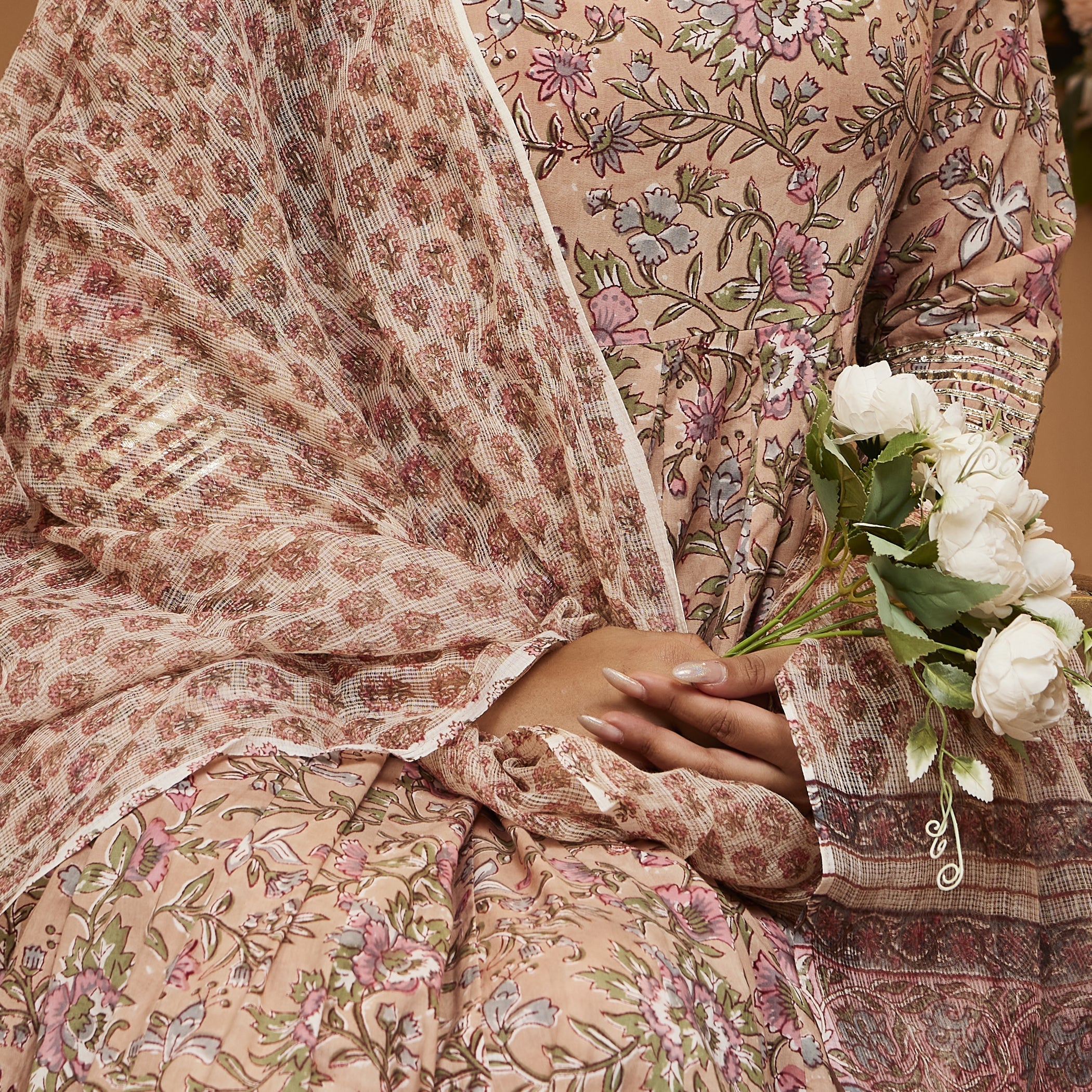 Noe Velarro Handblock Floral Printed Beige Anarkali Cotton Kurta With Trousers & Dupatta