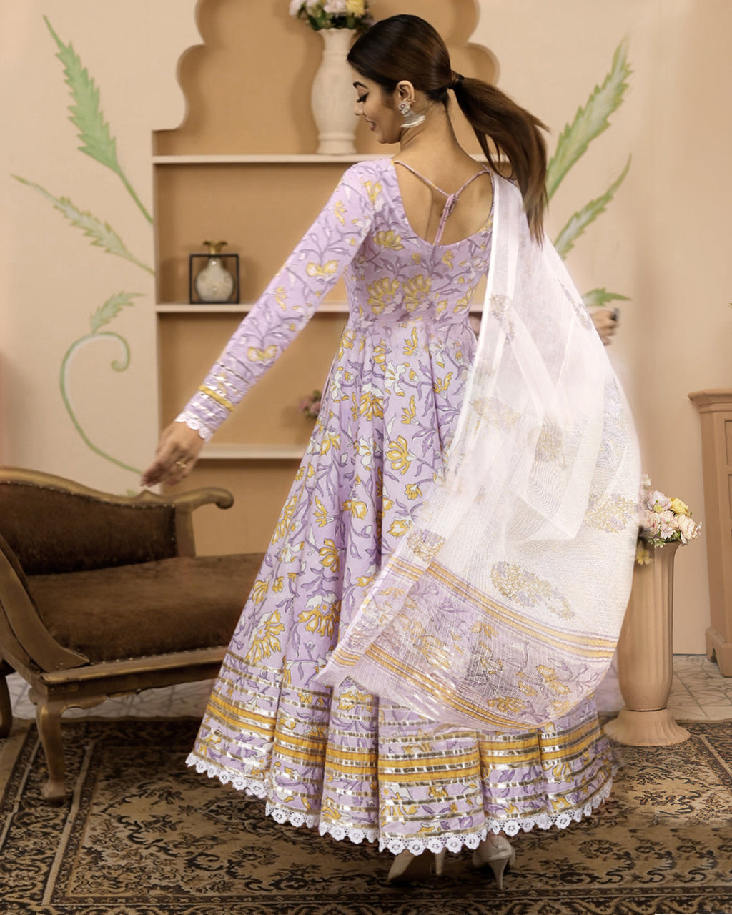 Noe Velarro Handblock Printed Lavender Anarkali Cotton Kurta With Trousers & Dupatta