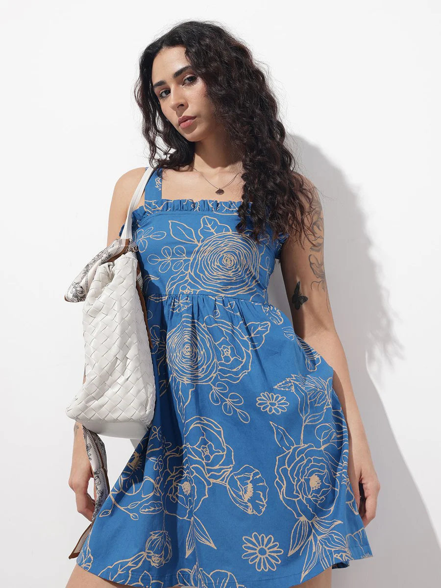 Noe Velarro Blue Shoulder Strap Poplin Cotton Mini Dress