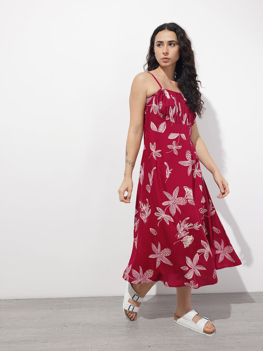 Noe Velarro Maroon Shoulder Strapes Fit & Flared Rayon Dress