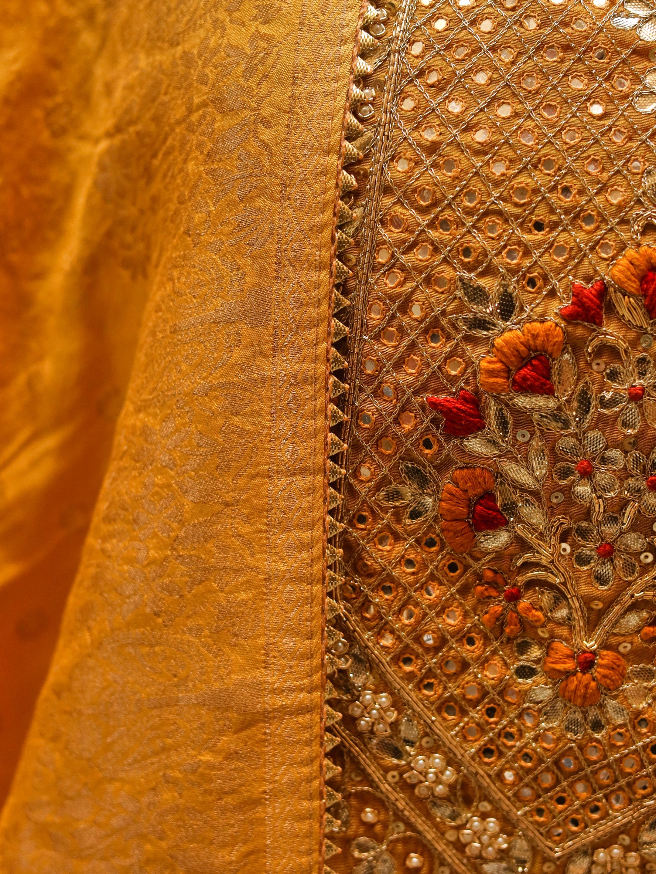 Noe Velarro Yellow Gold Embroidered Chenderi Kurta Sharara Set with Dupatta