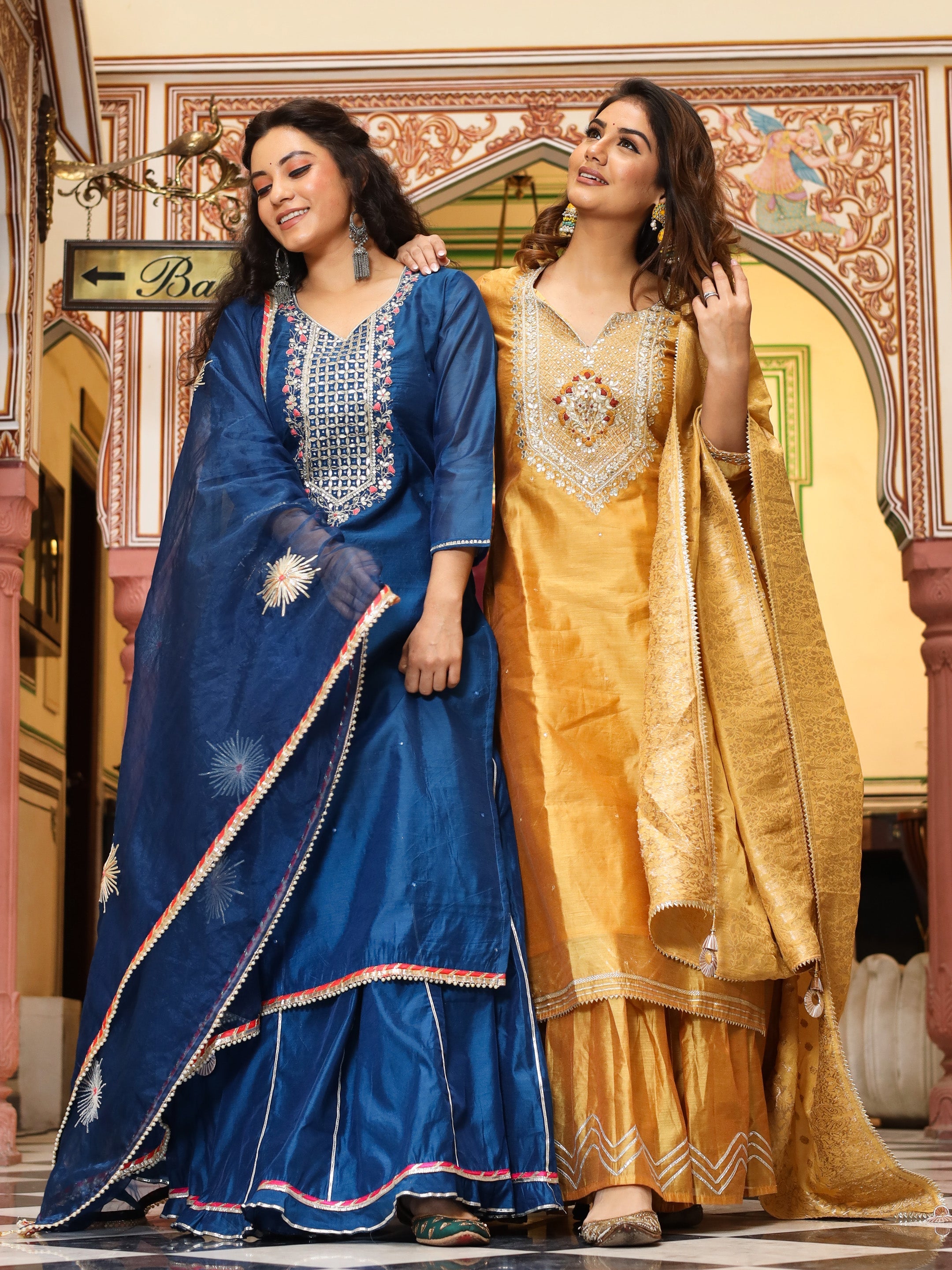 Noe Velarro Blue Solid Chenderi Kurta Skirt Set with Dupatta