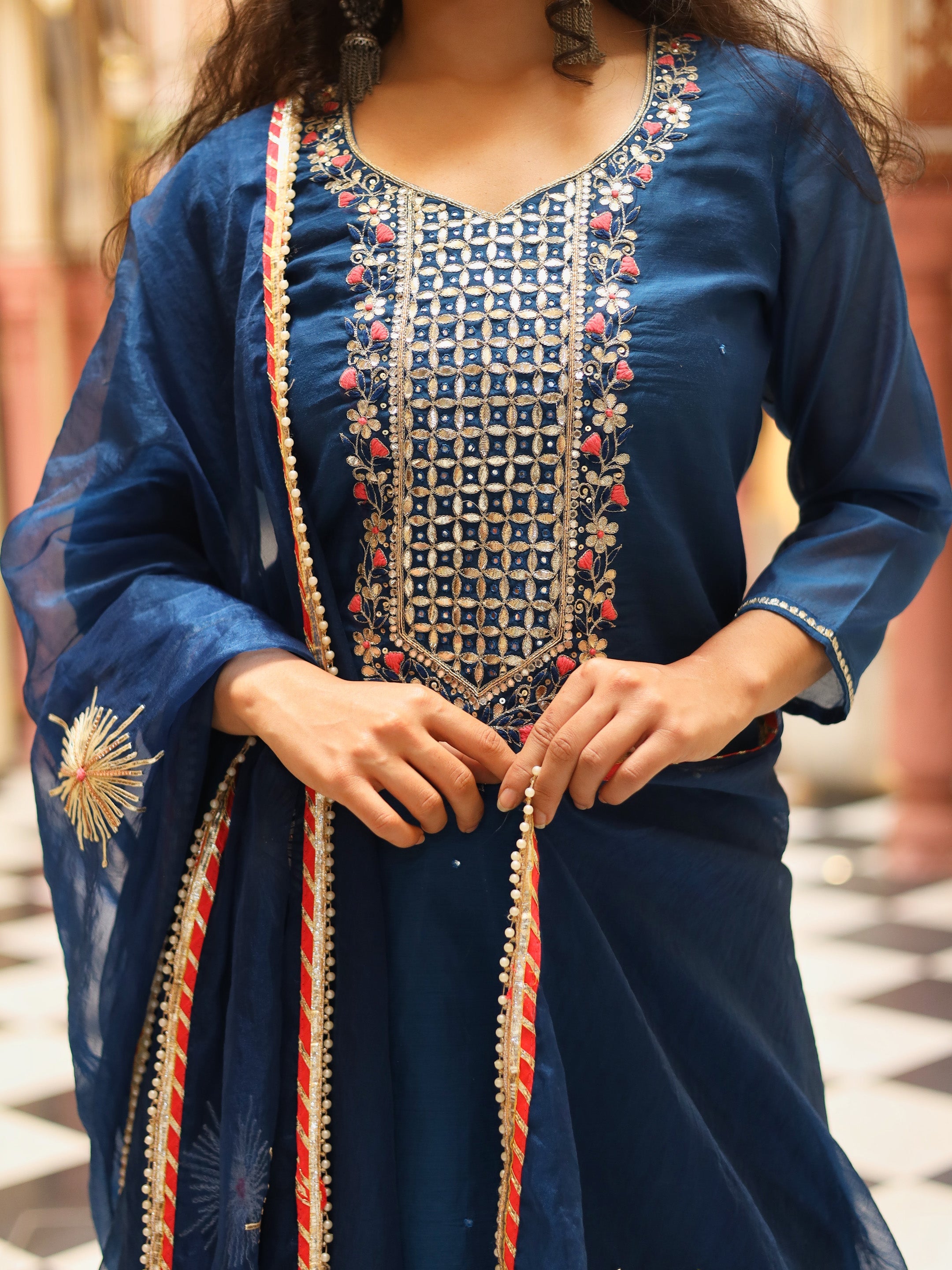 Noe Velarro Blue Solid Chenderi Kurta Skirt Set with Dupatta