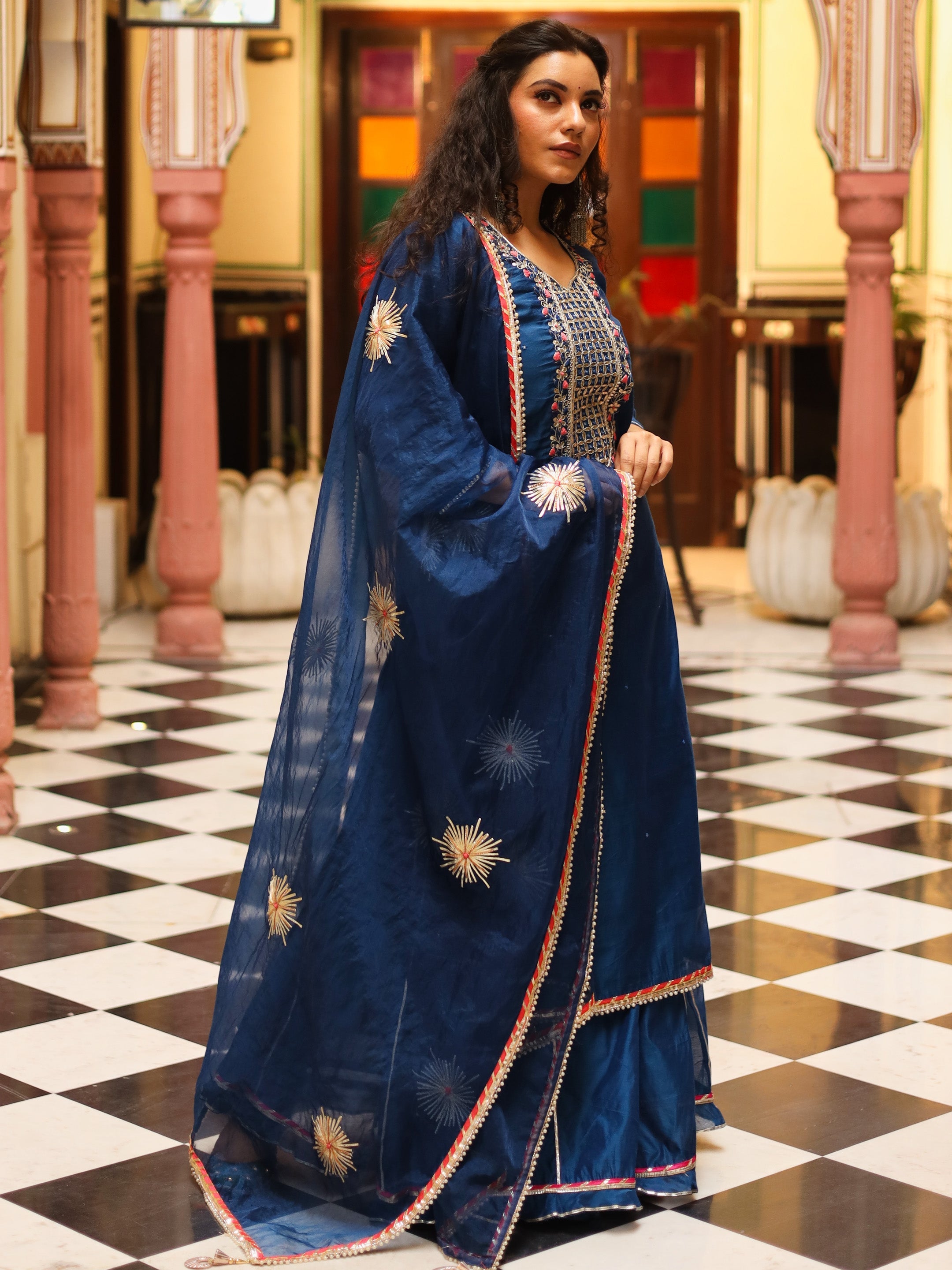 Noe Velarro Blue Solid Chenderi Kurta Skirt Set with Dupatta