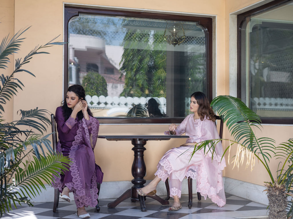 Noe Velarro Solid Purple Chanderi Embroidered Kurta with Inner Trouser Inner & Dupatta Set