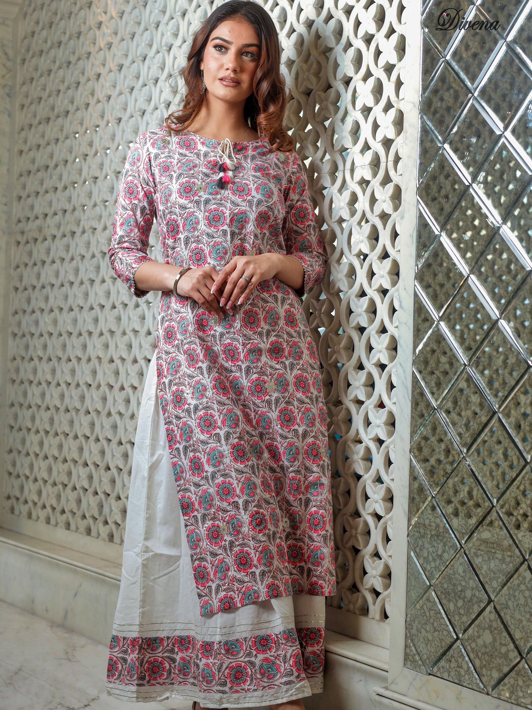 Divena White Printed Kurta with Palazzo Set - divenaworld.com