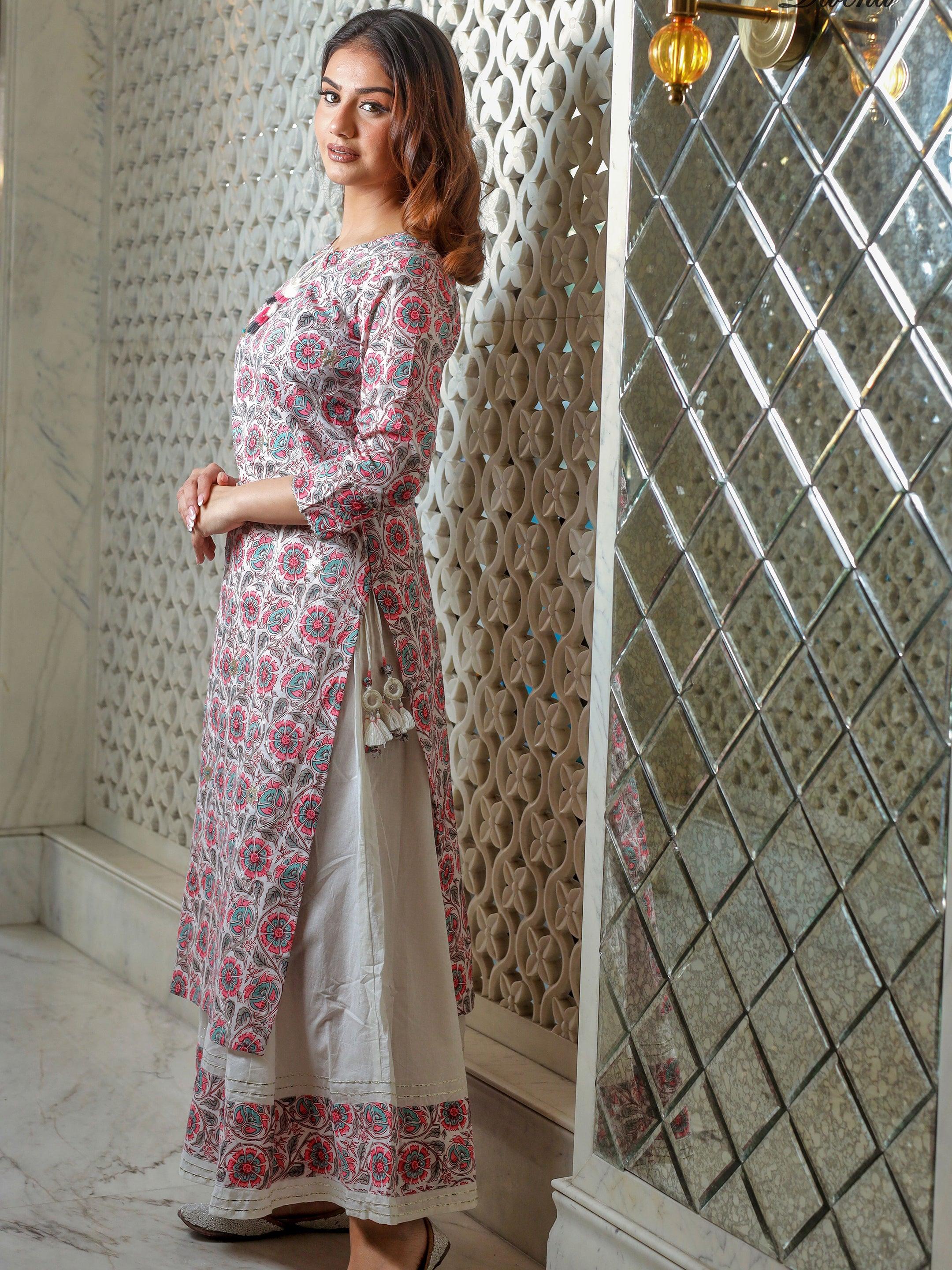 Divena White Printed Kurta with Palazzo Set - divenaworld.com