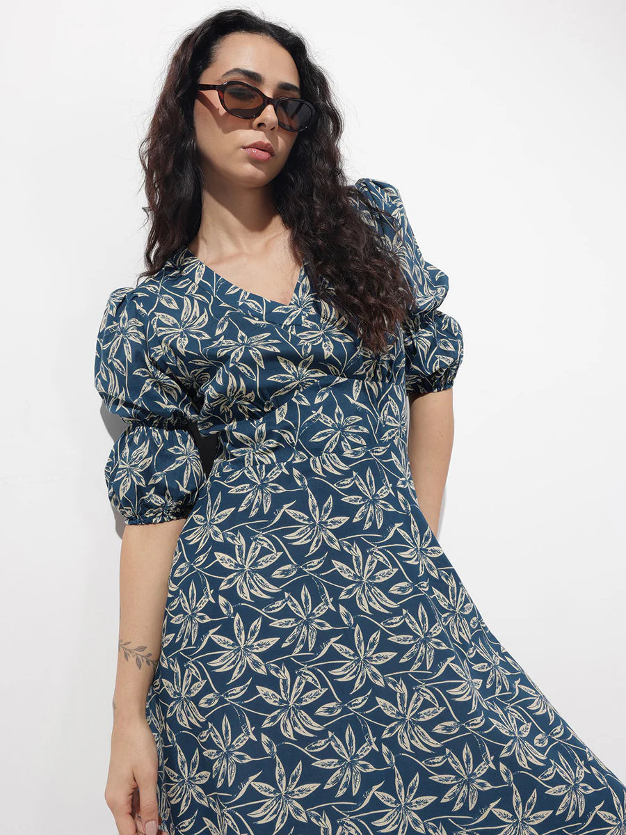 Noe Velarro Blue V-Neck Midi Cotton Dress