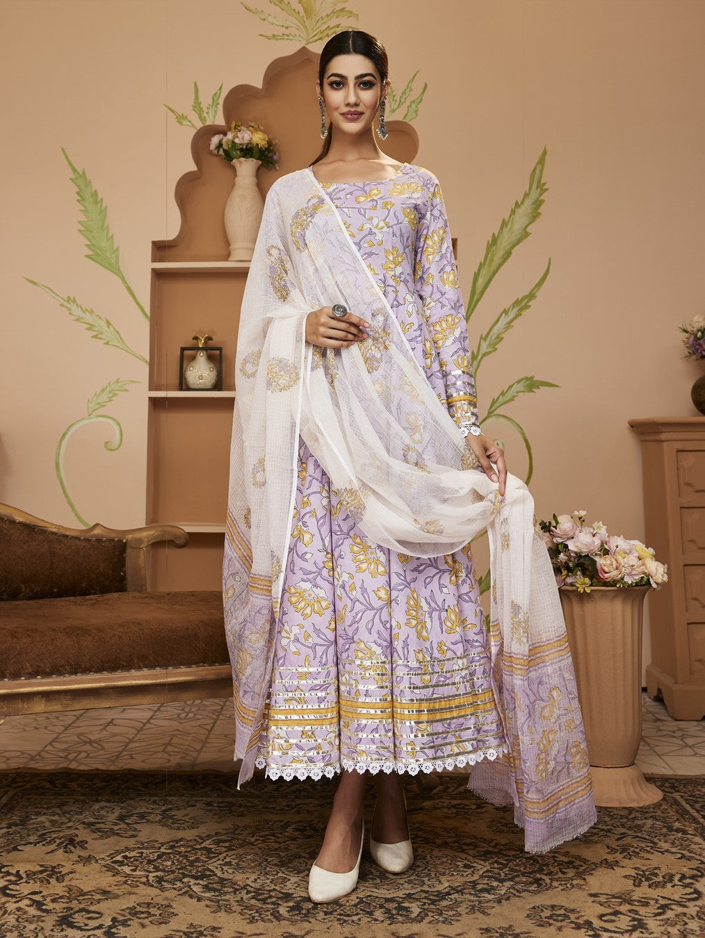 Noe Velarro Handblock Printed Lavender Anarkali Cotton Kurta With Trousers & Dupatta