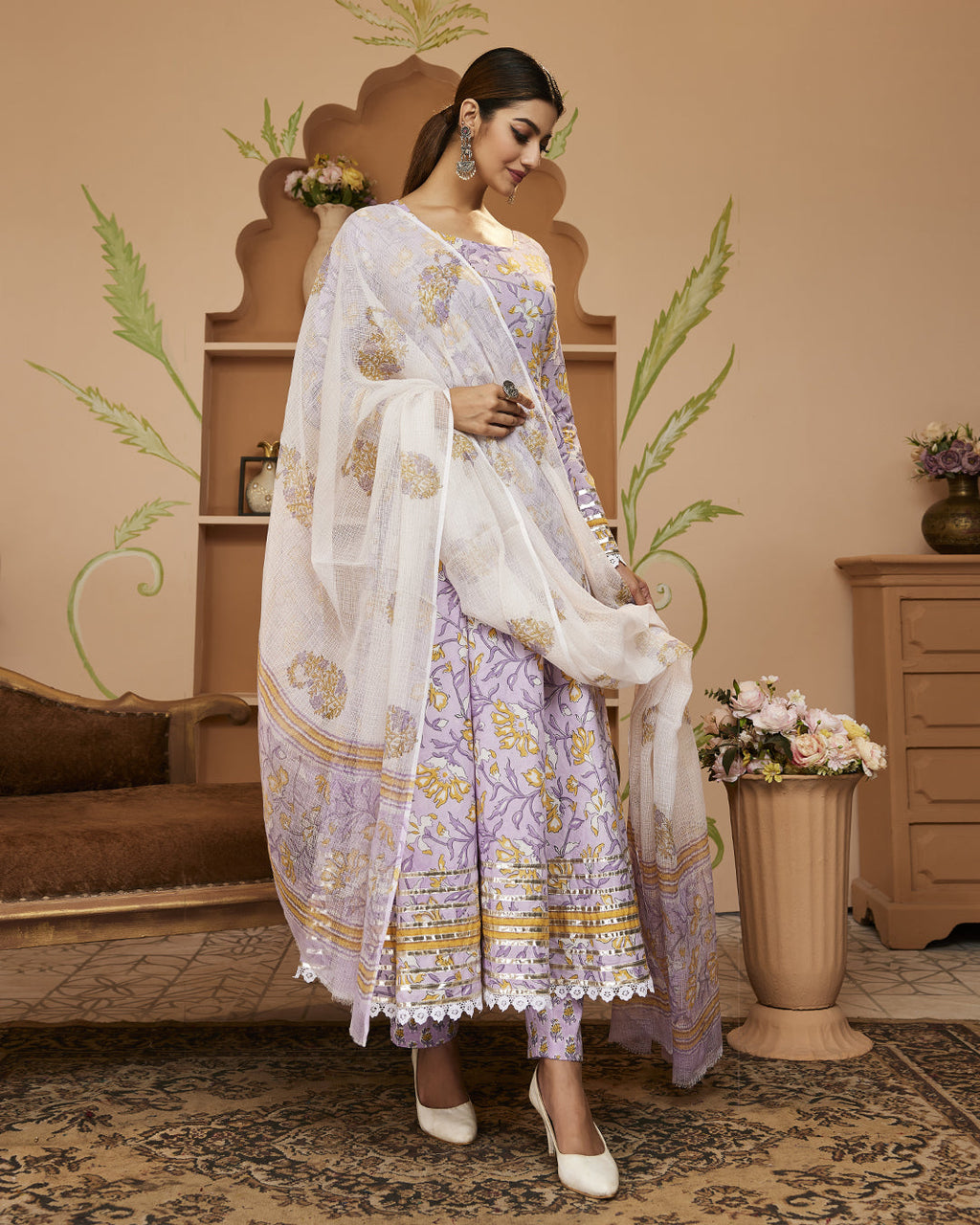 Noe Velarro Handblock Printed Lavender Anarkali Cotton Kurta With Trousers & Dupatta