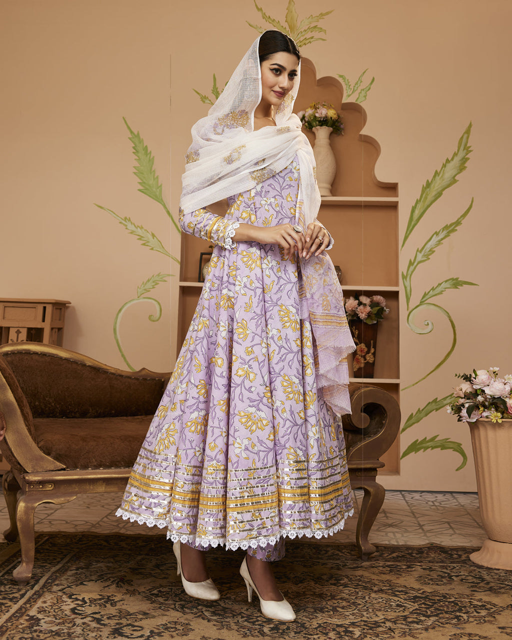 Noe Velarro Handblock Printed Lavender Anarkali Cotton Kurta With Trousers & Dupatta