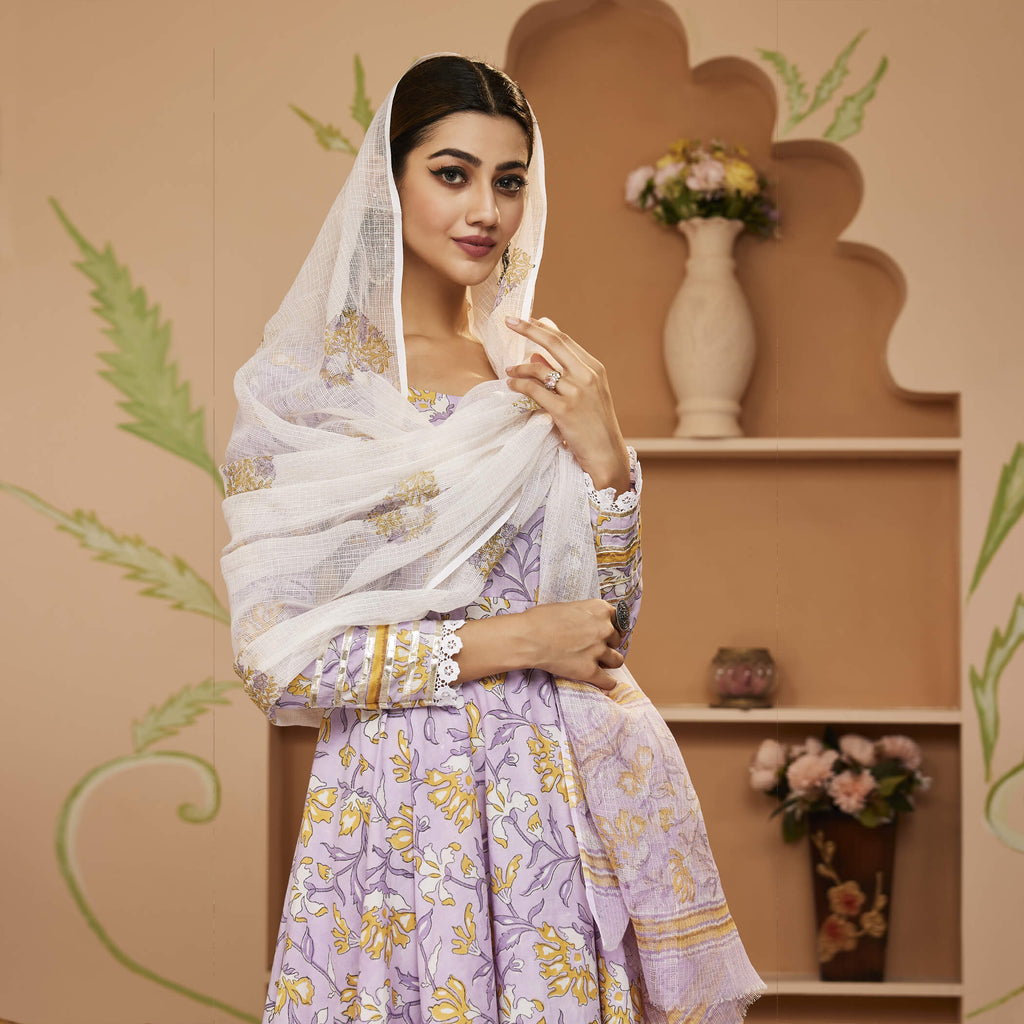 Noe Velarro Handblock Printed Lavender Anarkali Cotton Kurta With Trousers & Dupatta