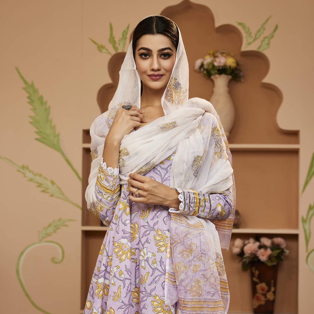 Noe Velarro Handblock Printed Lavender Anarkali Cotton Kurta With Trousers & Dupatta