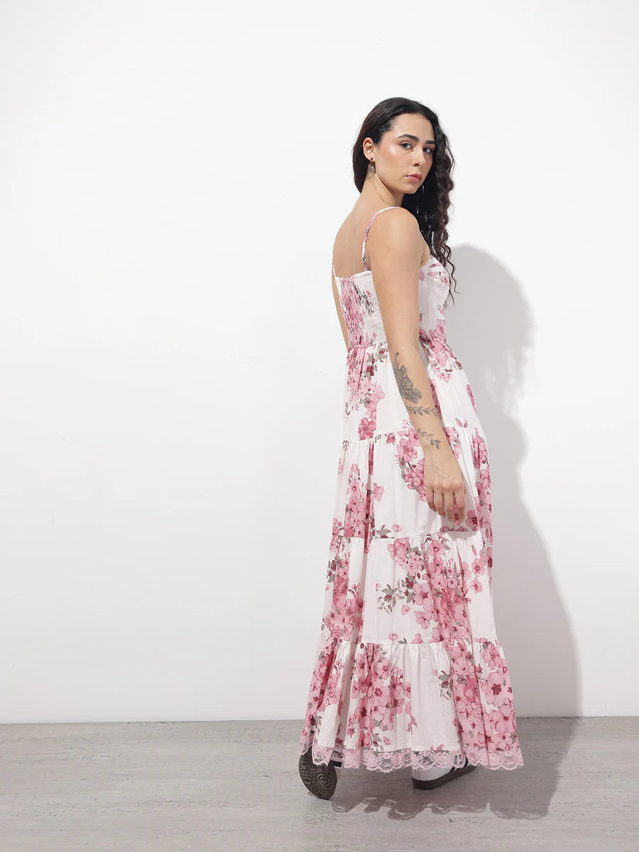 Noe Velarro White Floral Shoulder strap Cotton Dress