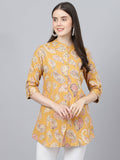 Noe Velarro Mastard Yellow Print Mandarin Collar Roll-Up Sleeves Shirt Style Top
