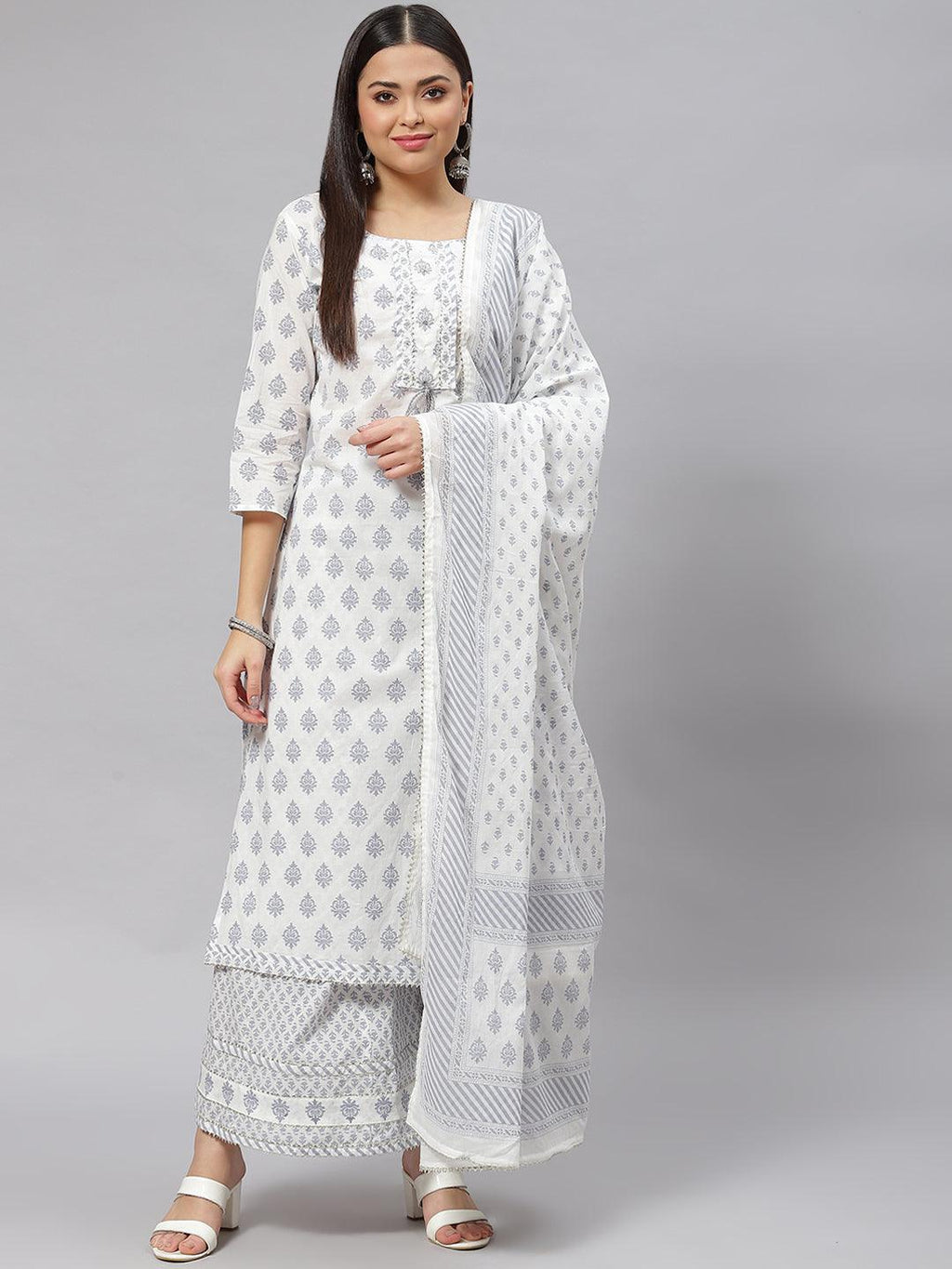 Divena White Floral Straight Kurta Palazoo Set with Dupatta - divena world