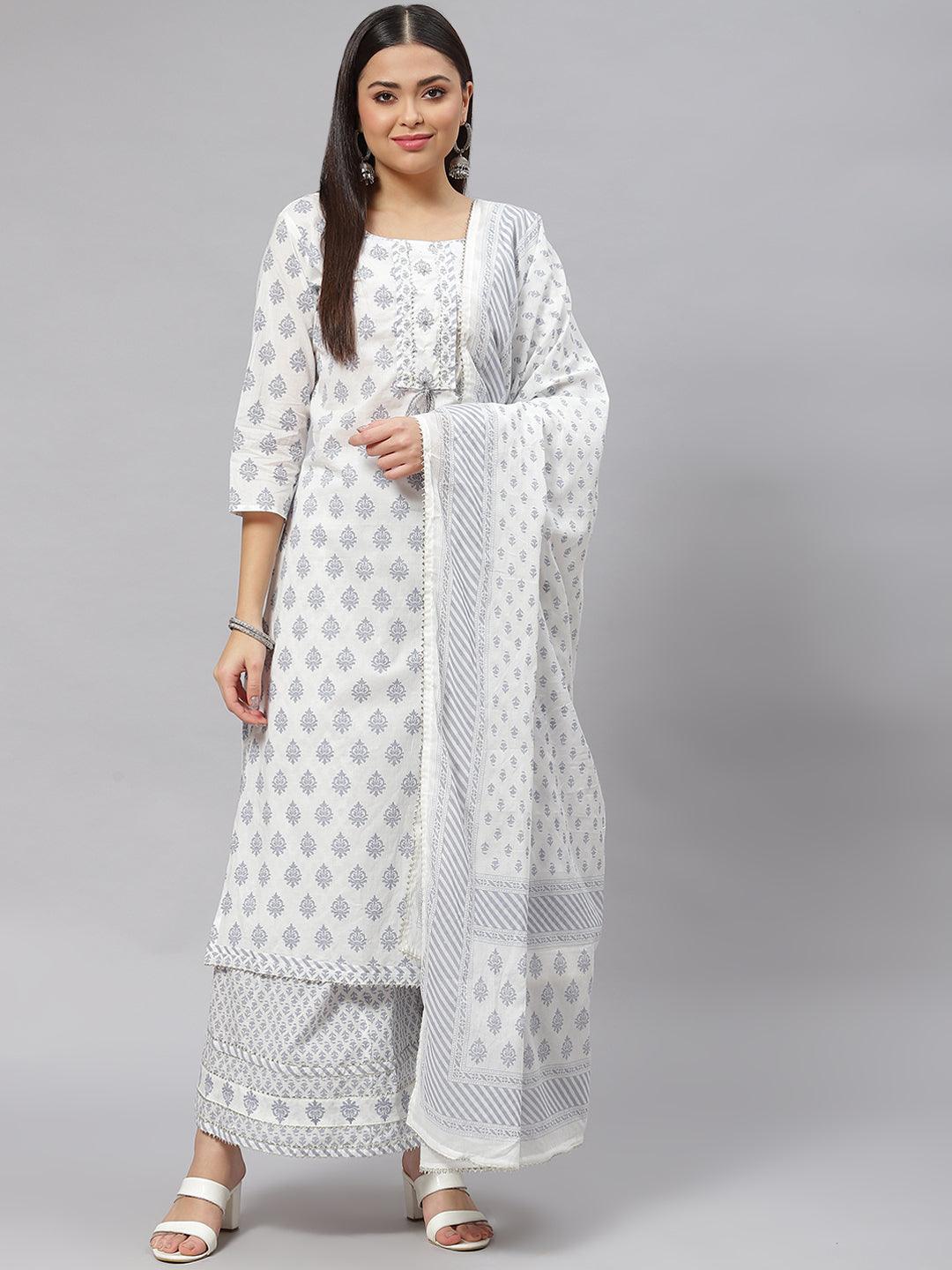 Divena White Floral Straight Kurta Palazoo Set with Dupatta - divena world