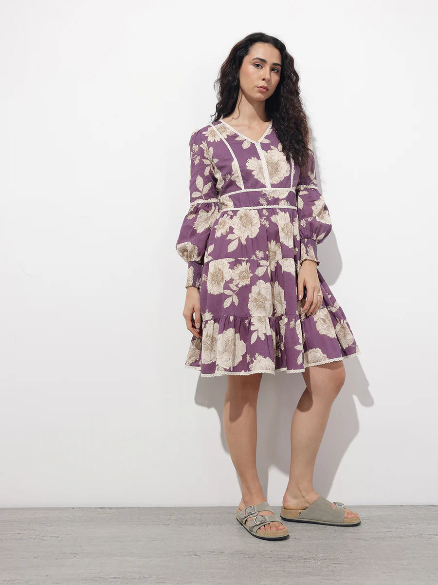 Noe Velarro Purple V-Neck Midi Cotton Dress