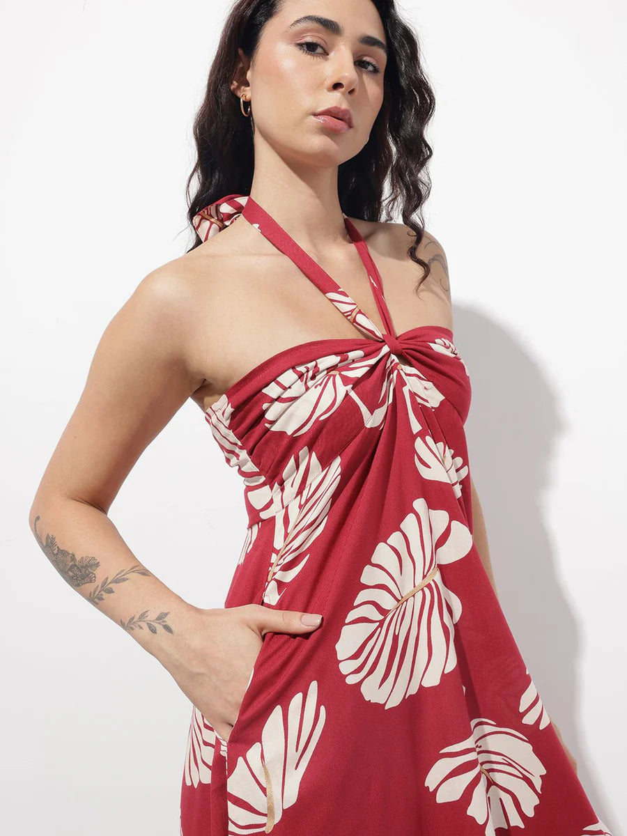 Noe Velarro Maroon Shoulder Strapes Fit & Flared Rayon Dress