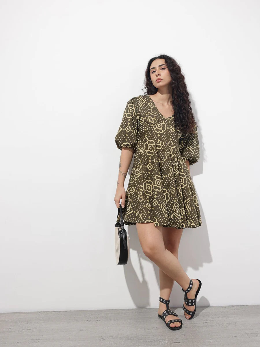 Noe Velarro Brown V-Neck Short Bell Sleeves Mini Cotton Dress