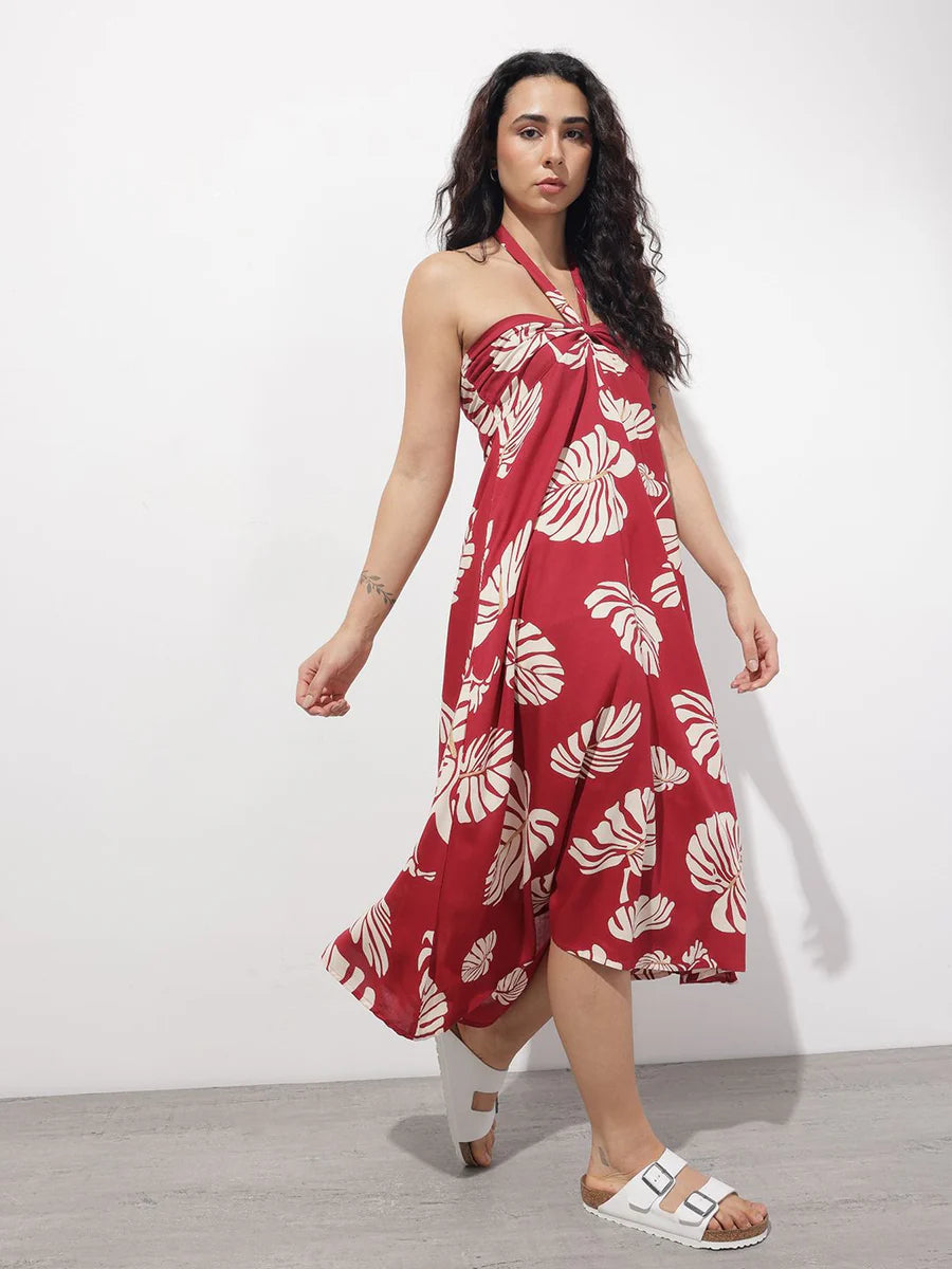 Noe Velarro Maroon Shoulder Strapes Fit & Flared Rayon Dress