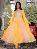 Noe Velarro Yellow Gota Patti Embroidered Banarsi Georgette Kurta Set with Organza Dupatta