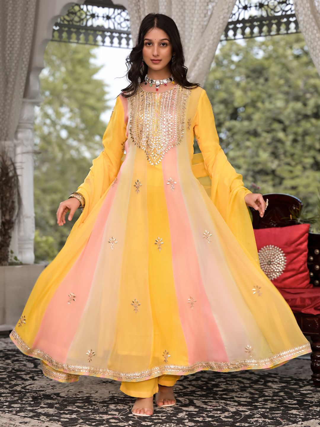 Noe Velarro Yellow Gota Patti Embroidered Banarsi Georgette Kurta Set with Organza Dupatta