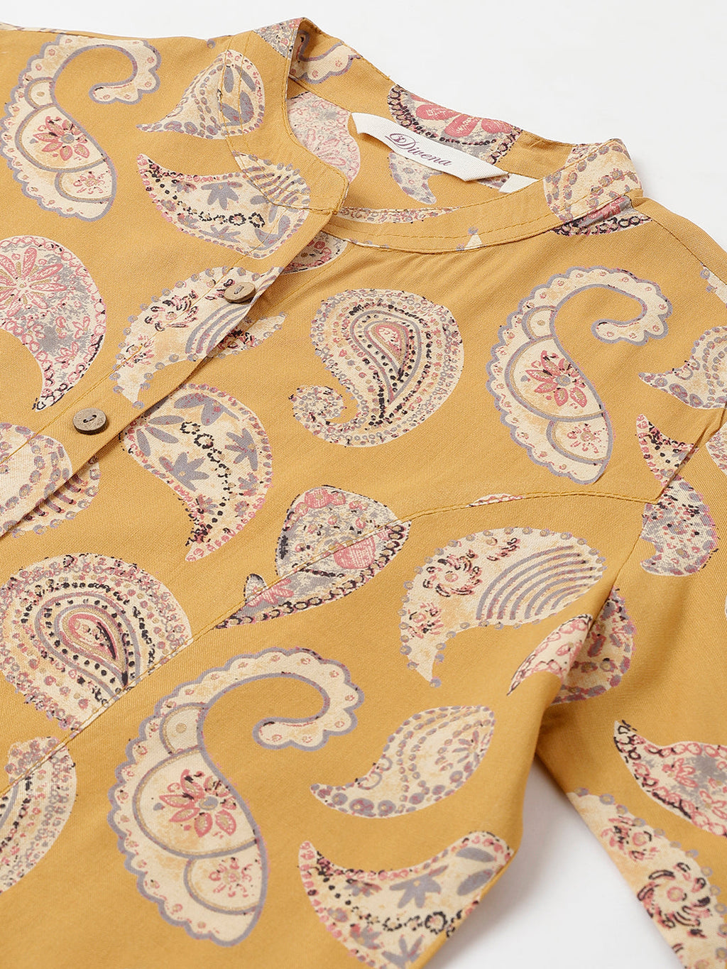 Noe Velarro Mastard Yellow Print Mandarin Collar Roll-Up Sleeves Shirt Style Top