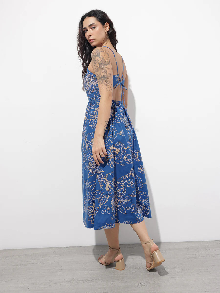 Noe Velarro Blue Shoulder Strap Poplin Cotton Midi Dress