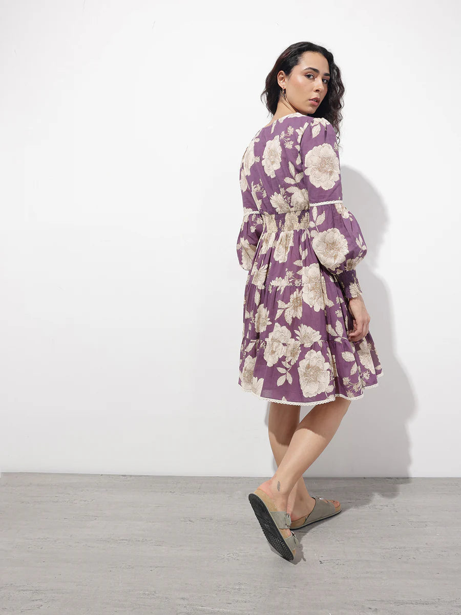 Noe Velarro Purple V-Neck Midi Cotton Dress