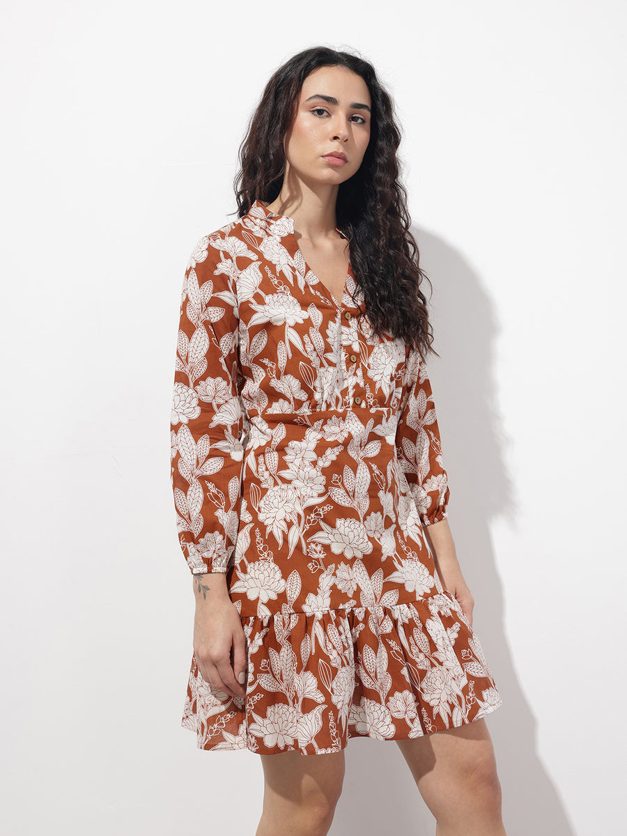 Noe Velarro Orange Mandarin Collar Cotton Midi Dress