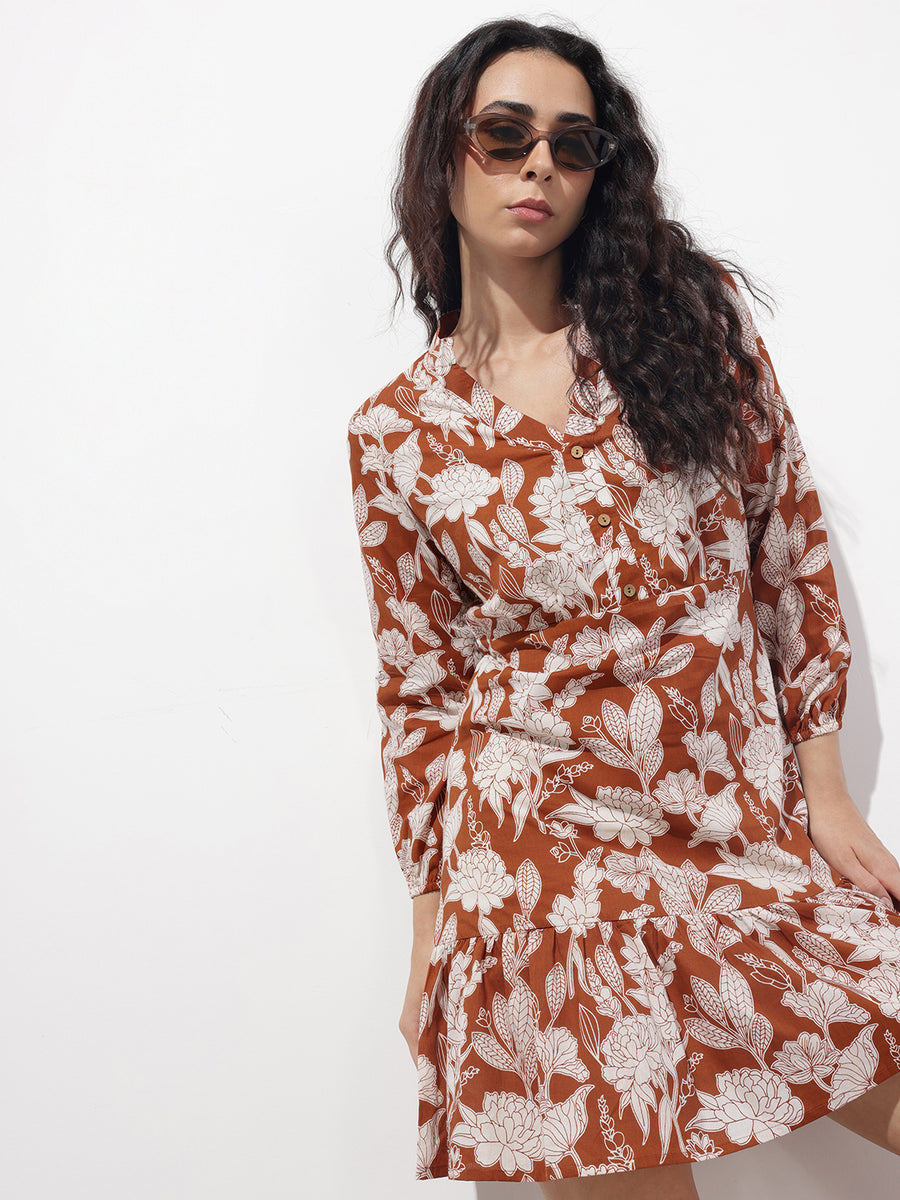 Noe Velarro Orange Mandarin Collar Cotton Midi Dress