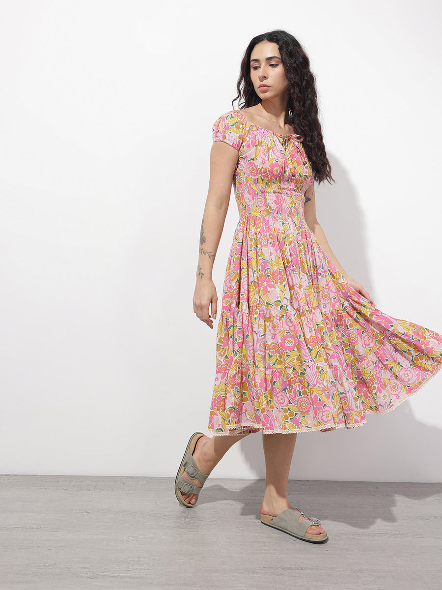 Noe Velarro Baby Pink Shoulder Strapes Fit & Flared Cotton Dress