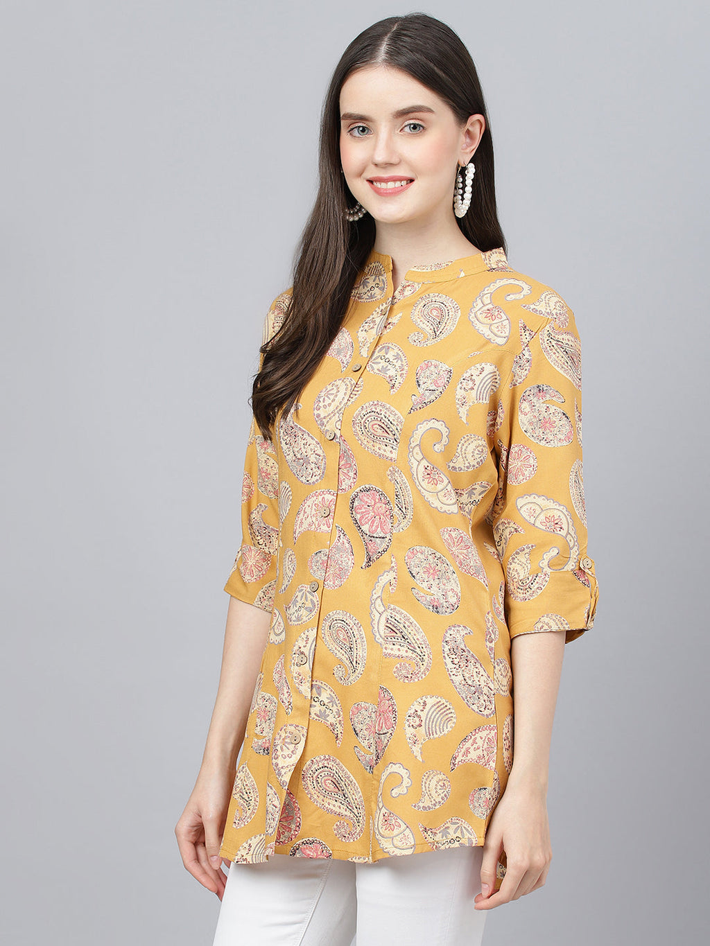 Noe Velarro Mastard Yellow Print Mandarin Collar Roll-Up Sleeves Shirt Style Top
