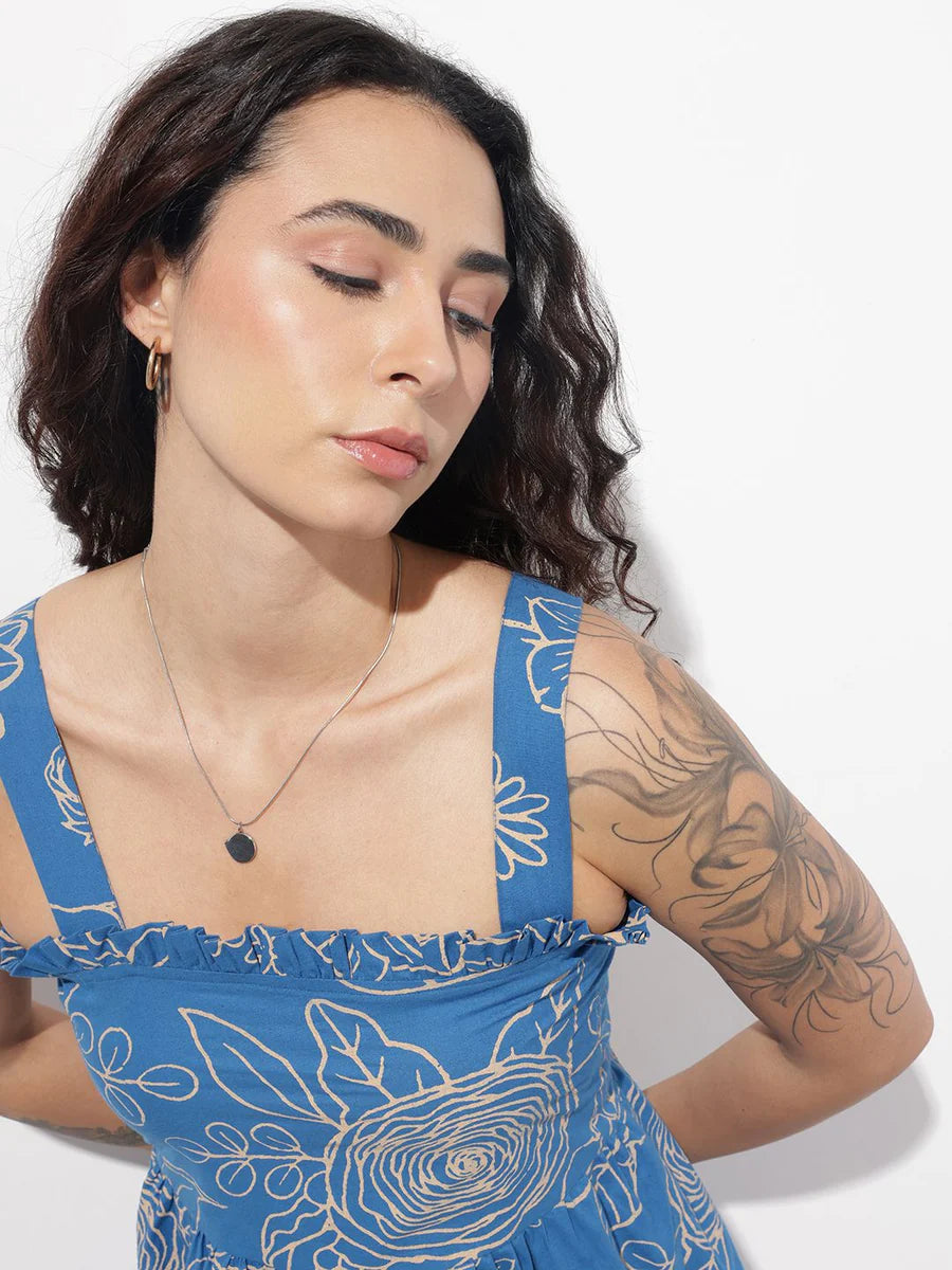 Noe Velarro Blue Shoulder Strap Poplin Cotton Mini Dress