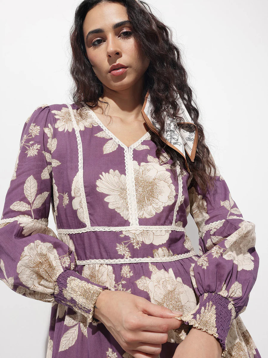 Noe Velarro Purple V-Neck Midi Cotton Dress