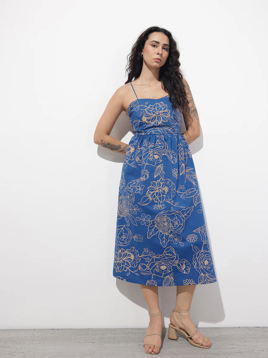 Noe Velarro Blue Shoulder Strap Poplin Cotton Midi Dress
