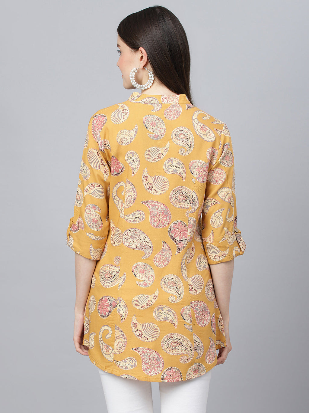 Noe Velarro Mastard Yellow Print Mandarin Collar Roll-Up Sleeves Shirt Style Top