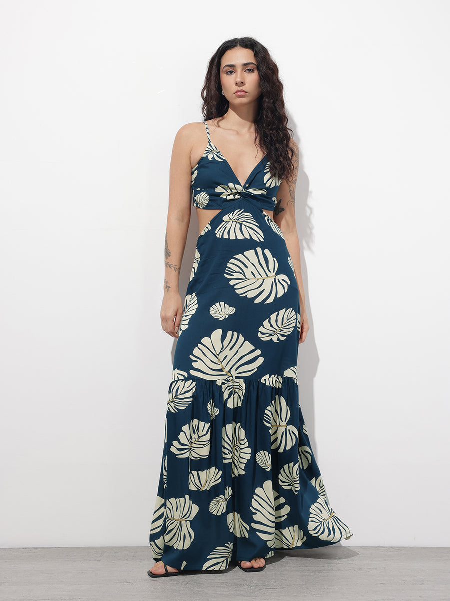 Noe Velarro Blue Shoulder Strap Rayon Dress