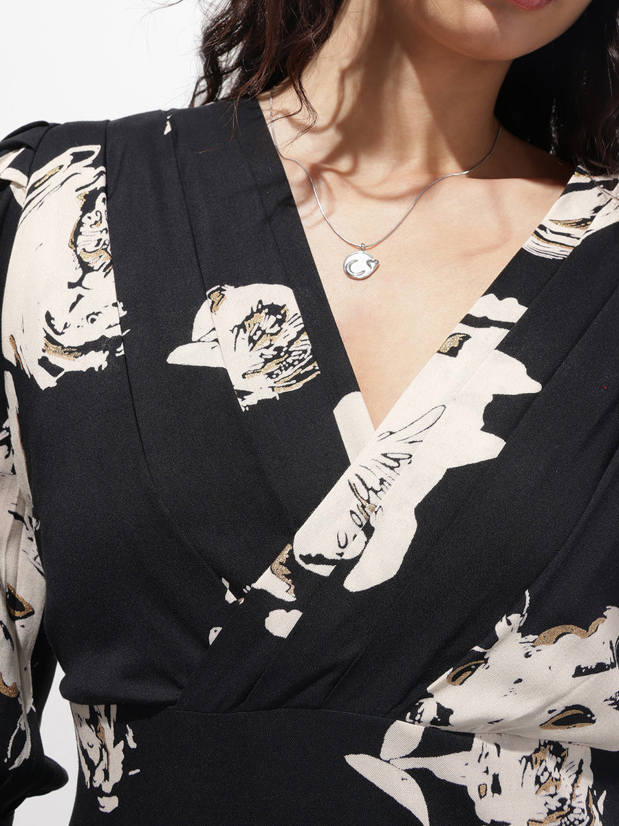 Noe Velarro Black V-Neck Midi Rayon Dress