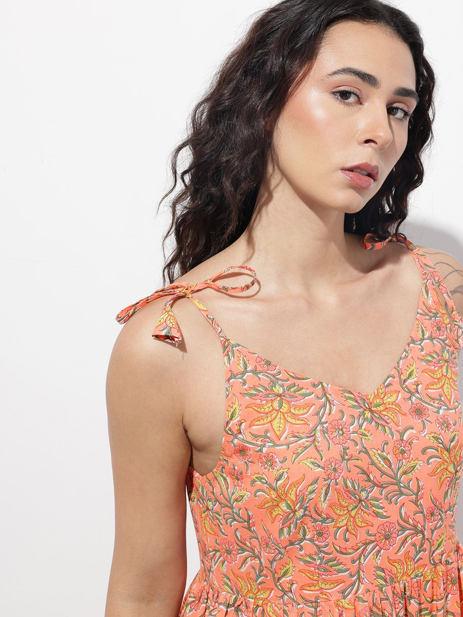 Noe Velarro Orange Shoulder Strapes Fit & Flared Cotton Dress