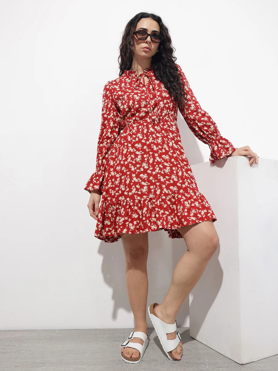 Noe Velarro Maroon Round Neck Floral Print Rayon Midi Dress