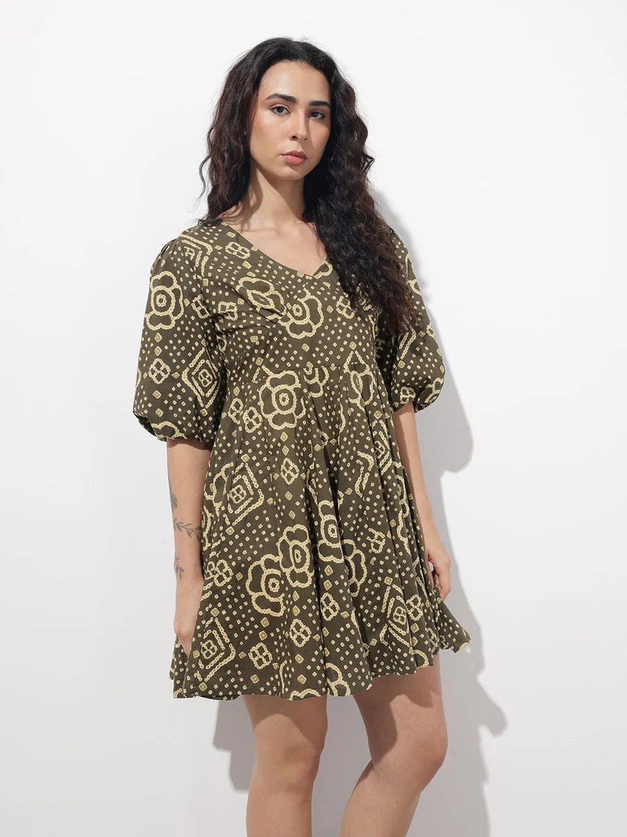Noe Velarro Brown V-Neck Short Bell Sleeves Mini Cotton Dress