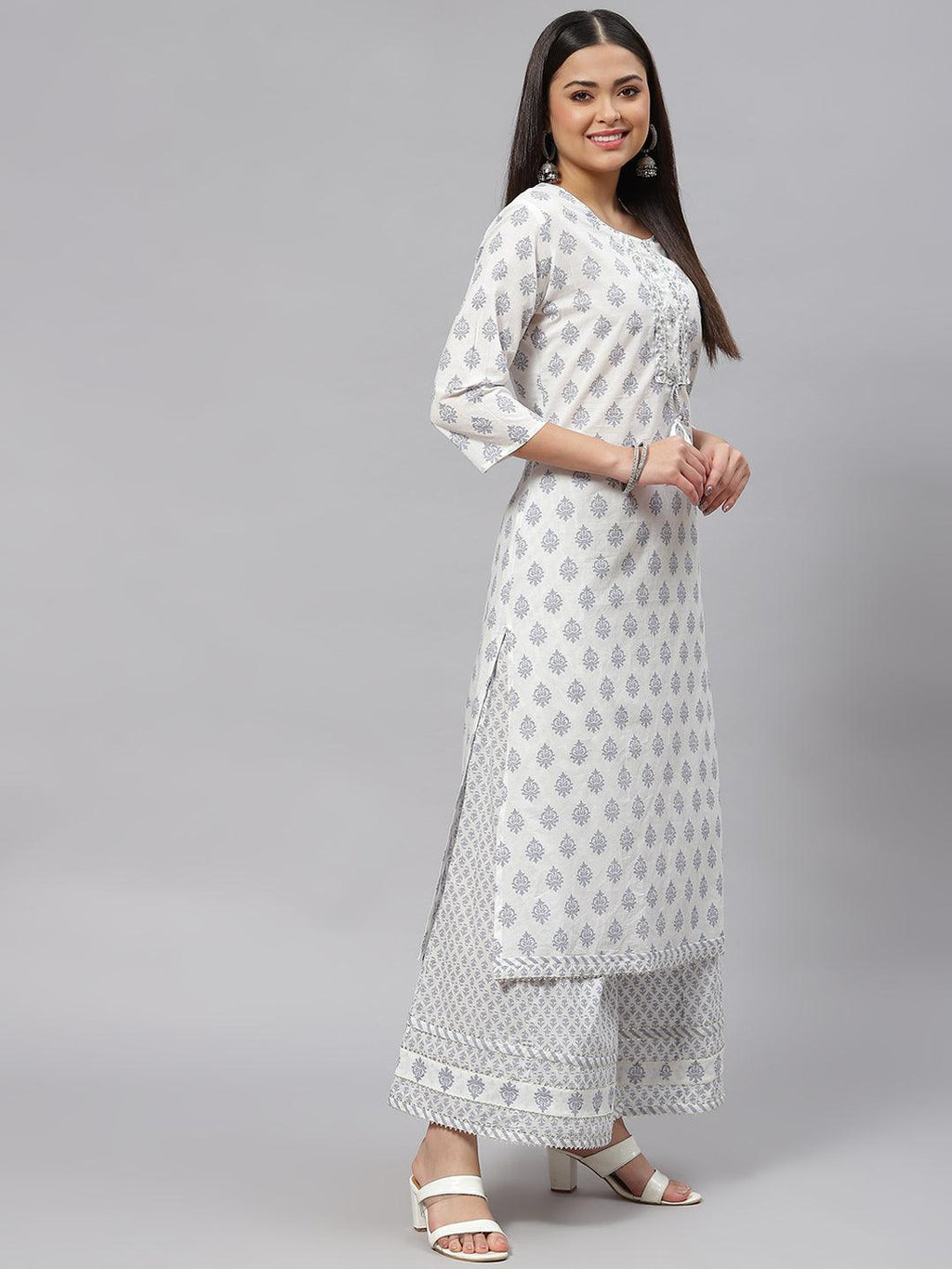Divena White Floral Straight Kurta Palazoo Set with Dupatta - divena world