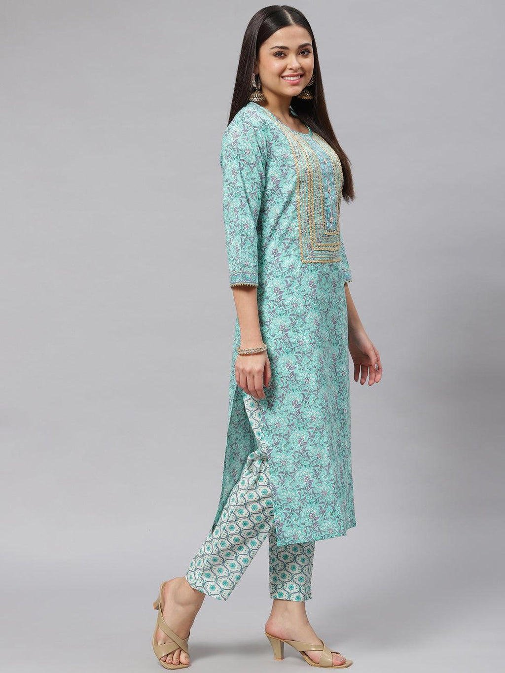 Divena Seagreen Cotton kurta Pant set with Dupatta - divena world