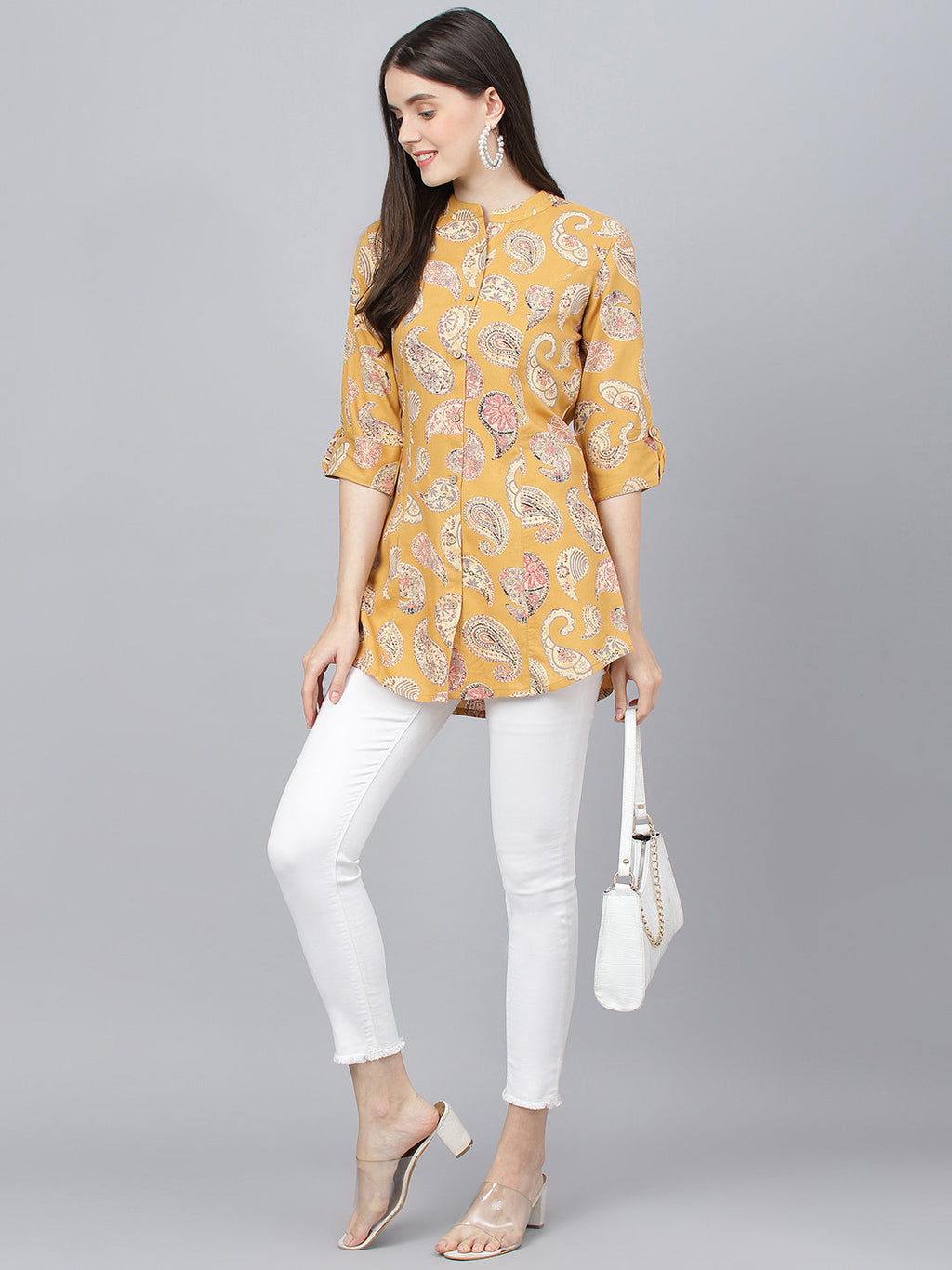 Noe Velarro Mastard Yellow Print Mandarin Collar Roll-Up Sleeves Shirt Style Top