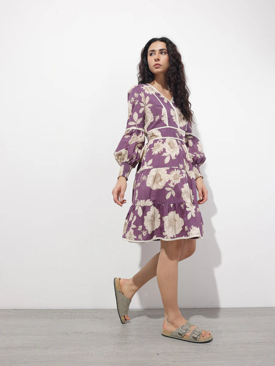 Noe Velarro Purple V-Neck Midi Cotton Dress