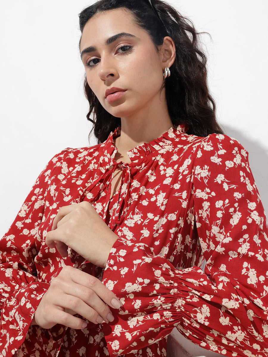 Noe Velarro Maroon Round Neck Floral Print Rayon Midi Dress